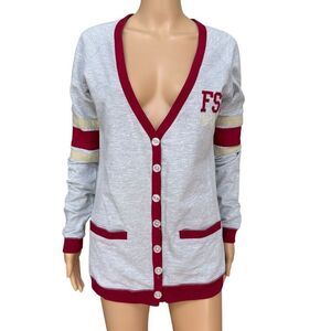 Gray and Wine V-Neck Button Cardigan Sweater